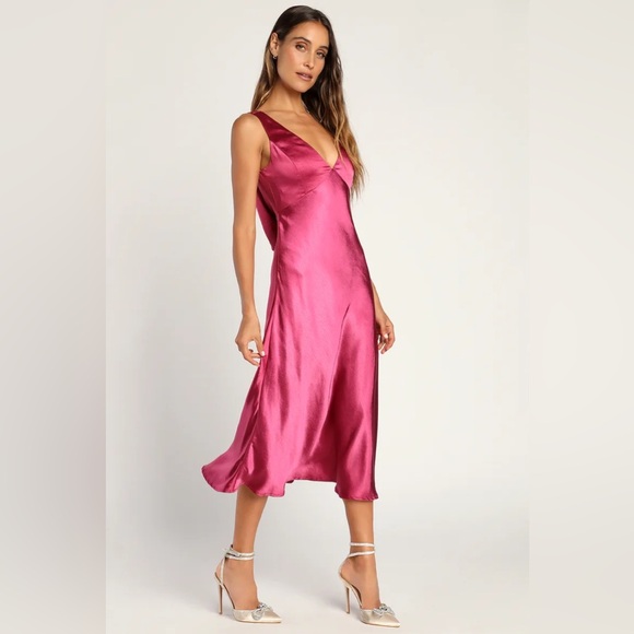 Lulus Incredible Love Magenta Satin Cowl Back Midi Slip Dress - Picture 6 of 16